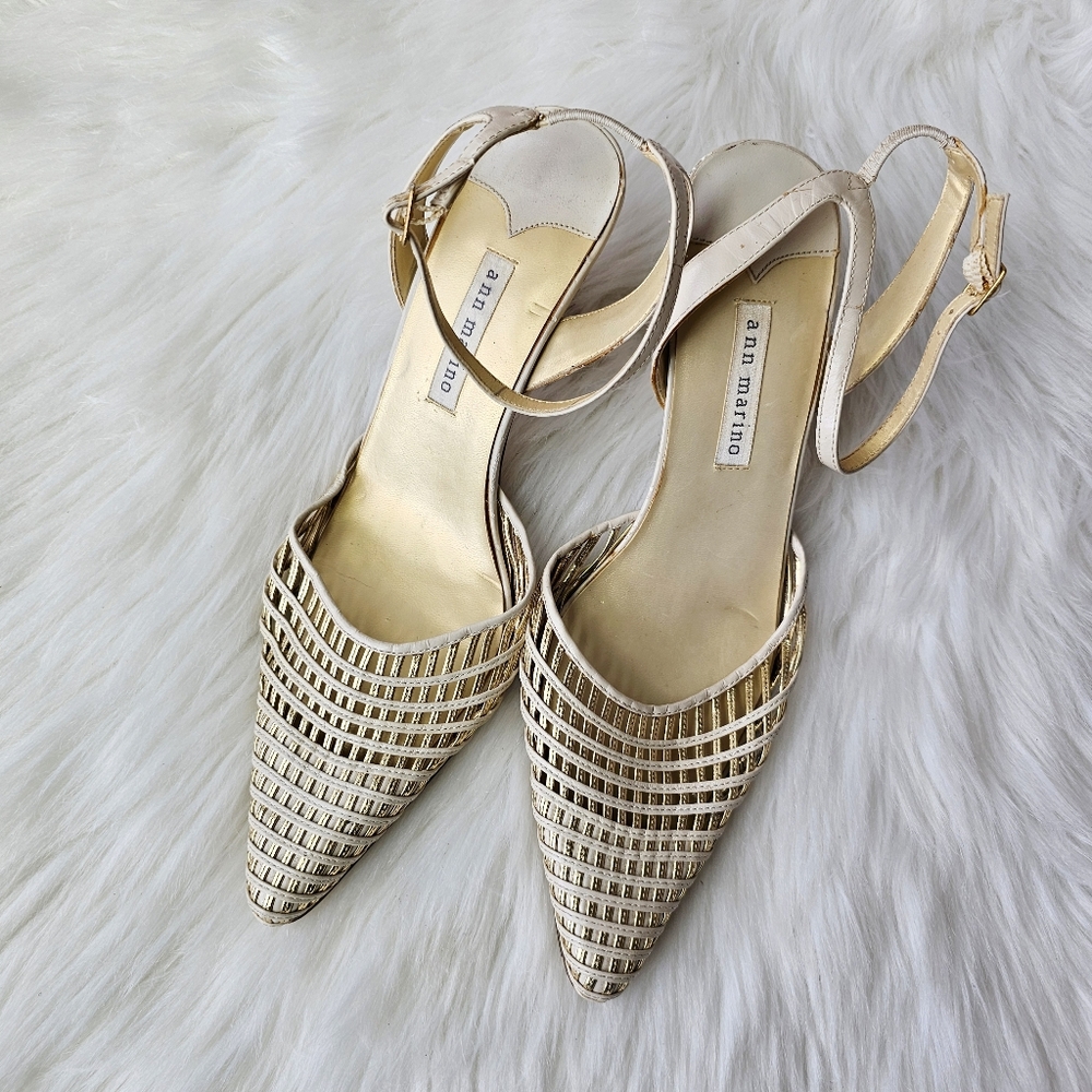 Vintage Ann Marino Gold Woven Leather Pointed Toe Slingback Heels Size 10M